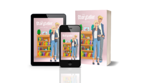 The StoryTeller cover, a young adult second chance romance. It shows a cartoon character of Frank and Tabitha before a bookcase of books.