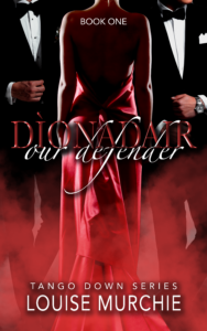 the first of the duology with the new cover: Dionadair / Our Defender, shows the two brothers, Adrian and Marcus in tuxedo's along with Blythe in *that* red dress.