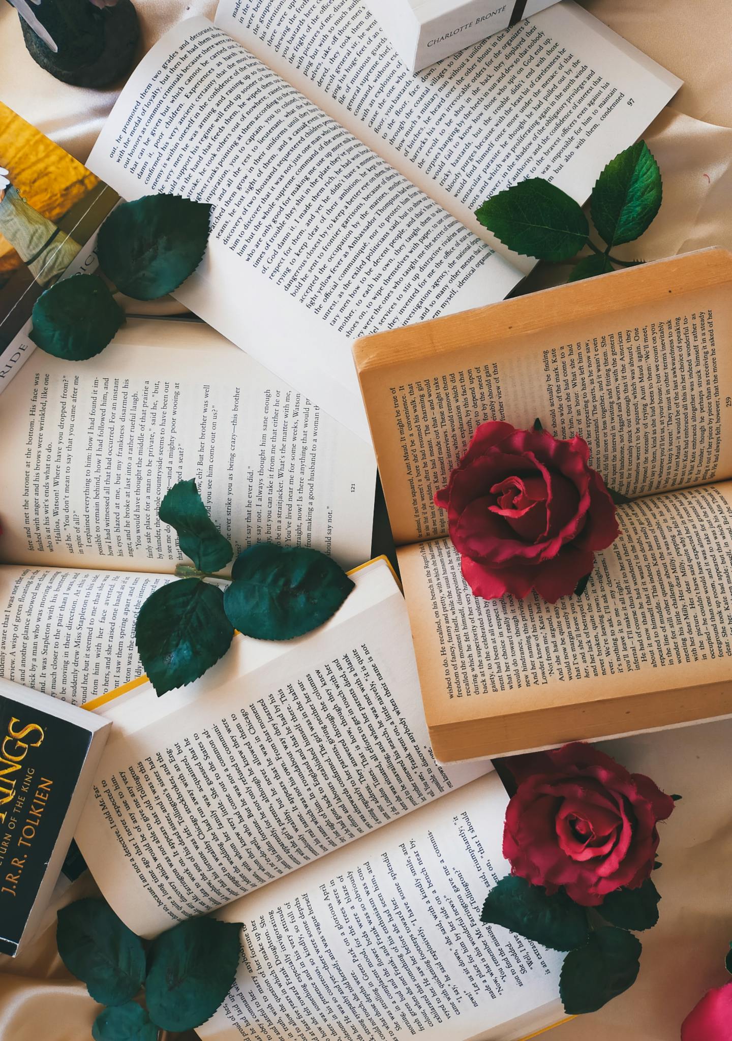 Aesthetic flat lay of open books with vibrant red roses and green leaves.